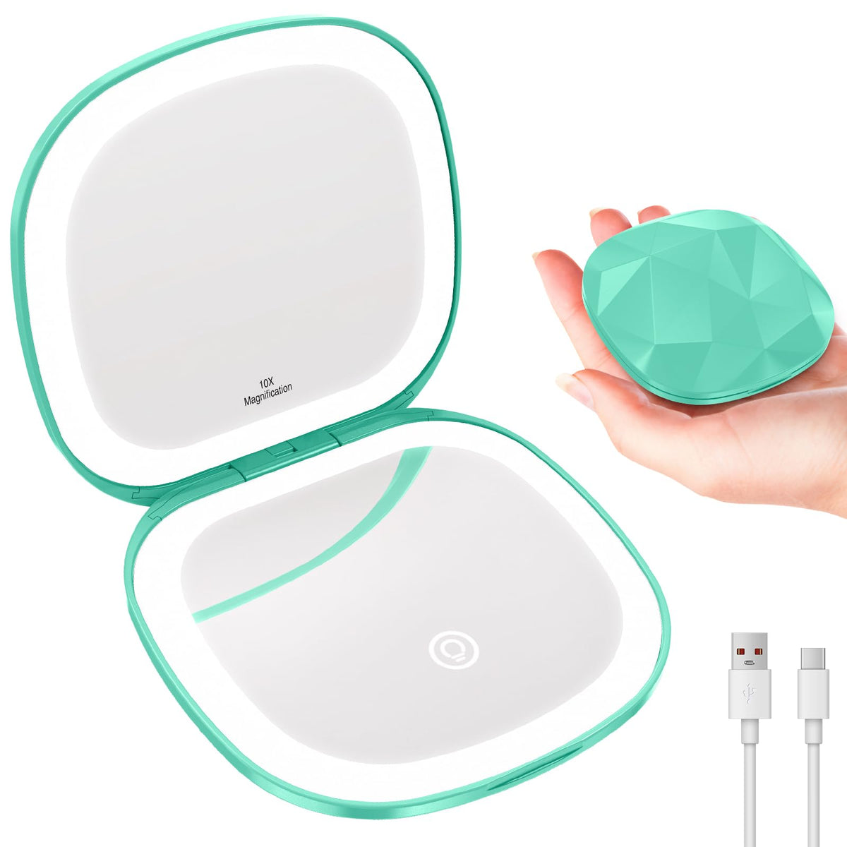 Travel Makeup Mirror with Light, 10X/1X Magnifying Compact Mirror for Purse, Portable Double Sided Folding Pocket Size, Dimmable LED & USB Rechargeable(Rose Gold)