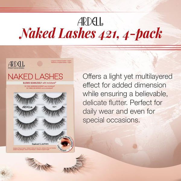 Ardell Naked Strip Lashes 421 Natural Looking False Eyelashes, 4 Pairs | Seamless Blend with Invisiband for Long-Lasting Lightweight Wispy Texture Adds Subtle Volume, Synthetic Hair, Cruelty Free