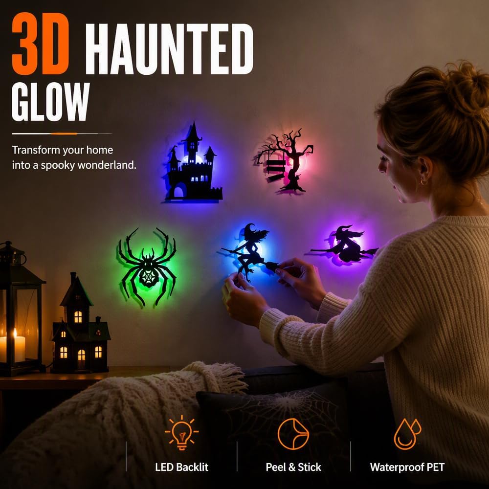 Halloween LED Wall Decor Lights 3D Bat Witch Stickers Window Clings (Black)