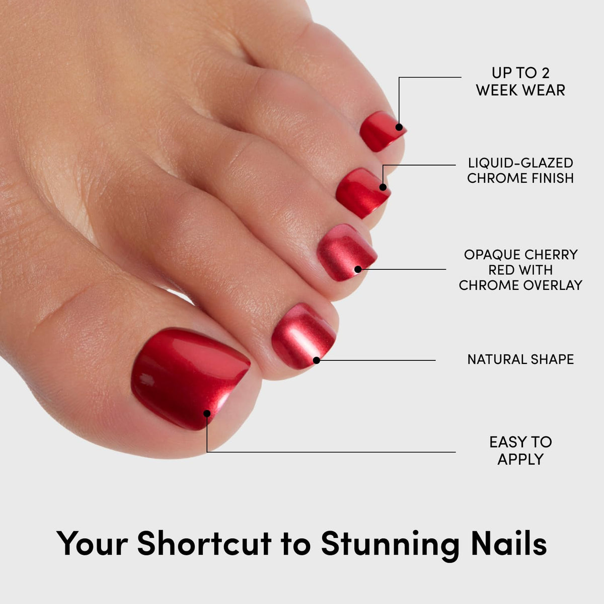 Glamnetic Press On Toenails - Natural Fake Nails | Cherry Red Chrome Press On Toenails, Salon Quality Press On Nails Kit with Glue | Cherry Glaze - 32 Nail Set in 16 Sizes