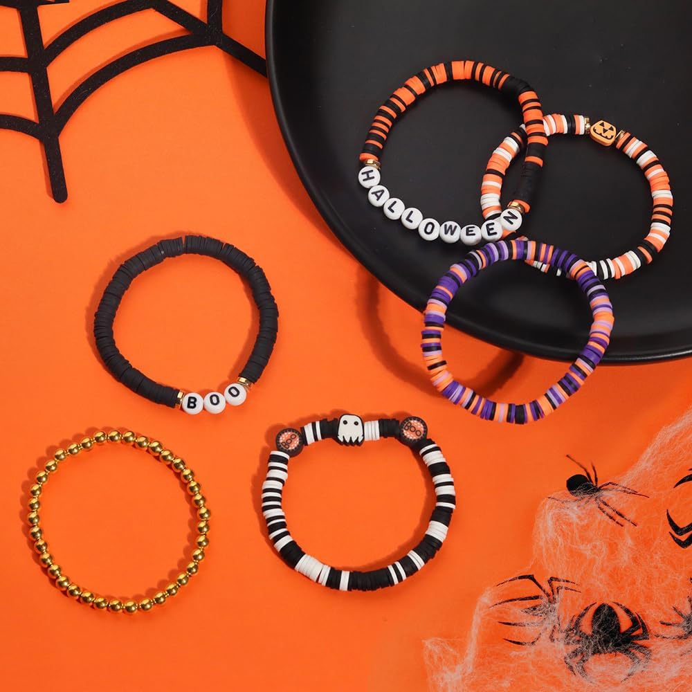 Halloween Bracelets Set for Women,10Pcs Stocking Stuffer Clay Preppy Heishi Boo Skull Charm Beads Stackable Bracelet Adjustable Friendship Holiday Stretch Jewelry Gift