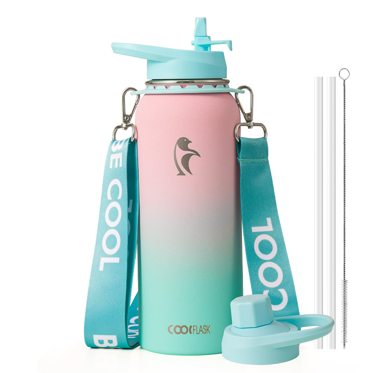 Coolflask Water Bottle with Straw, 40 oz Insulated Metal Water Flask with Straw & Spout Lids, Stainless Steel Double Wall Vacuum, Keep Cold 48h Hot 24h, Leak Proof, BPA-Free, Apricot Pink