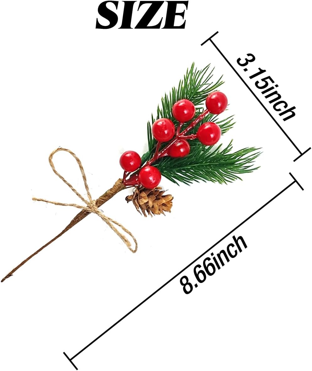 20PCS 8inch Pine Cone Red Berry Picks Stems Crafts Branch Christmas Wreath, Holly Artificial Evergreen Branches Tiny Pine Cones Picks Décor Floral Picks for Christmas Flower Wreaths DIY