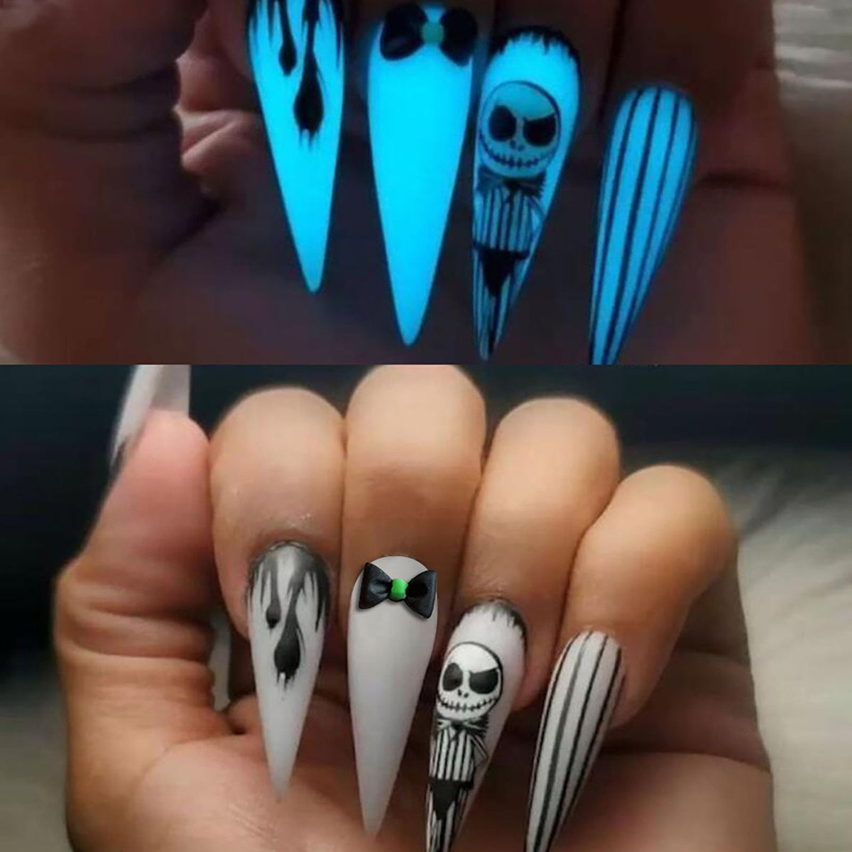 Halloween Press on Nails Medium Almond MABKJLF Fake Nails Glow in The Dark Full Cover Nightmare Christmas False Nails Glossy Glue on Nails Artificial Acrylic Nails for Women Girls 24 Pcs