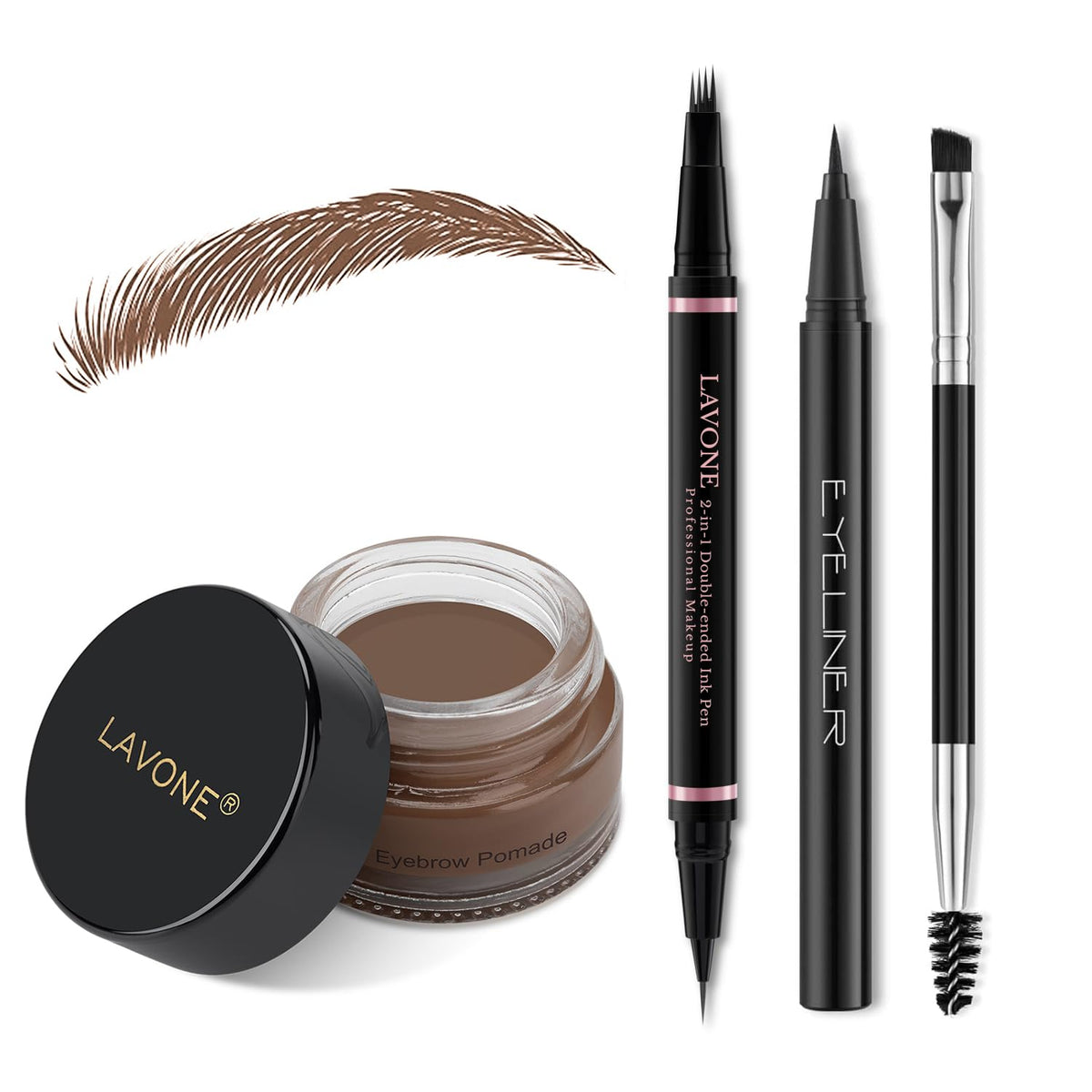 LAVONE Eyebrow Pen Makeup Kit, with Waterproof Eyebrow Pencil, Eyeliner, Pomade, and Brow Brush, Smudge-Proof and Long Lasting, Create Full and Natural Brows, Dark Brown