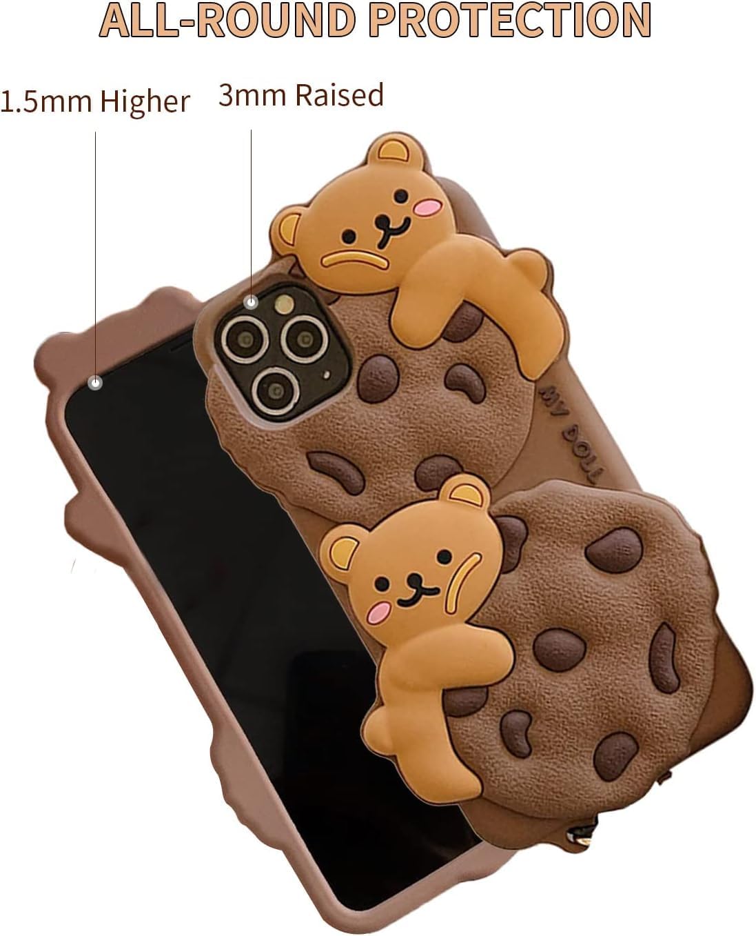 Case for iPhone 11 with Strap Lanyard Keychain Cute Bear Cookie Kawaii Funny Soft Silicone Shockproof Protective Cover for Women Girls