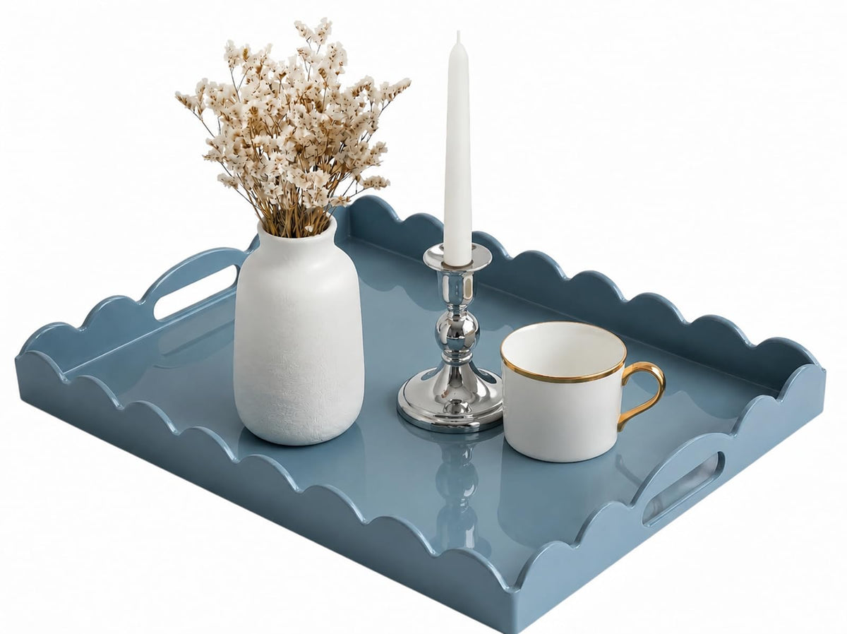 Gesodant Scalloped Glossy Plastic Lacquer Decorative Tray, 15.7 x 11.8 Inch Rectangle Serving Tray with Handles for Coffee Table, Ottoman, Bedroom Vanity, Living Room Centerpiece (Royal Blue & Gold)