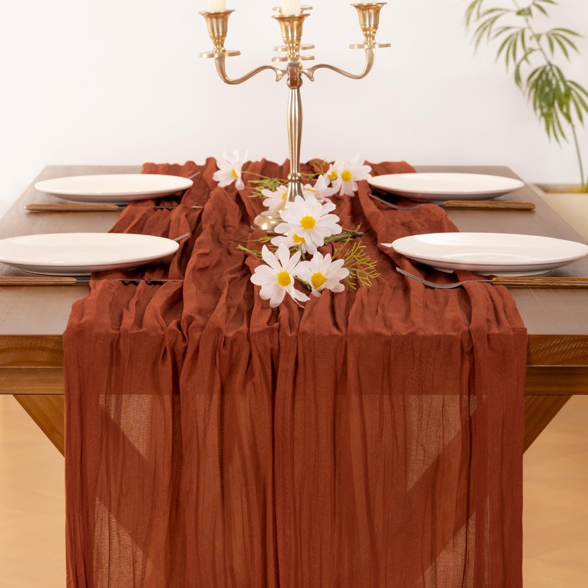 Fall Table Runner Terracotta Cheesecloth Boho Wedding Thanksgiving Decor