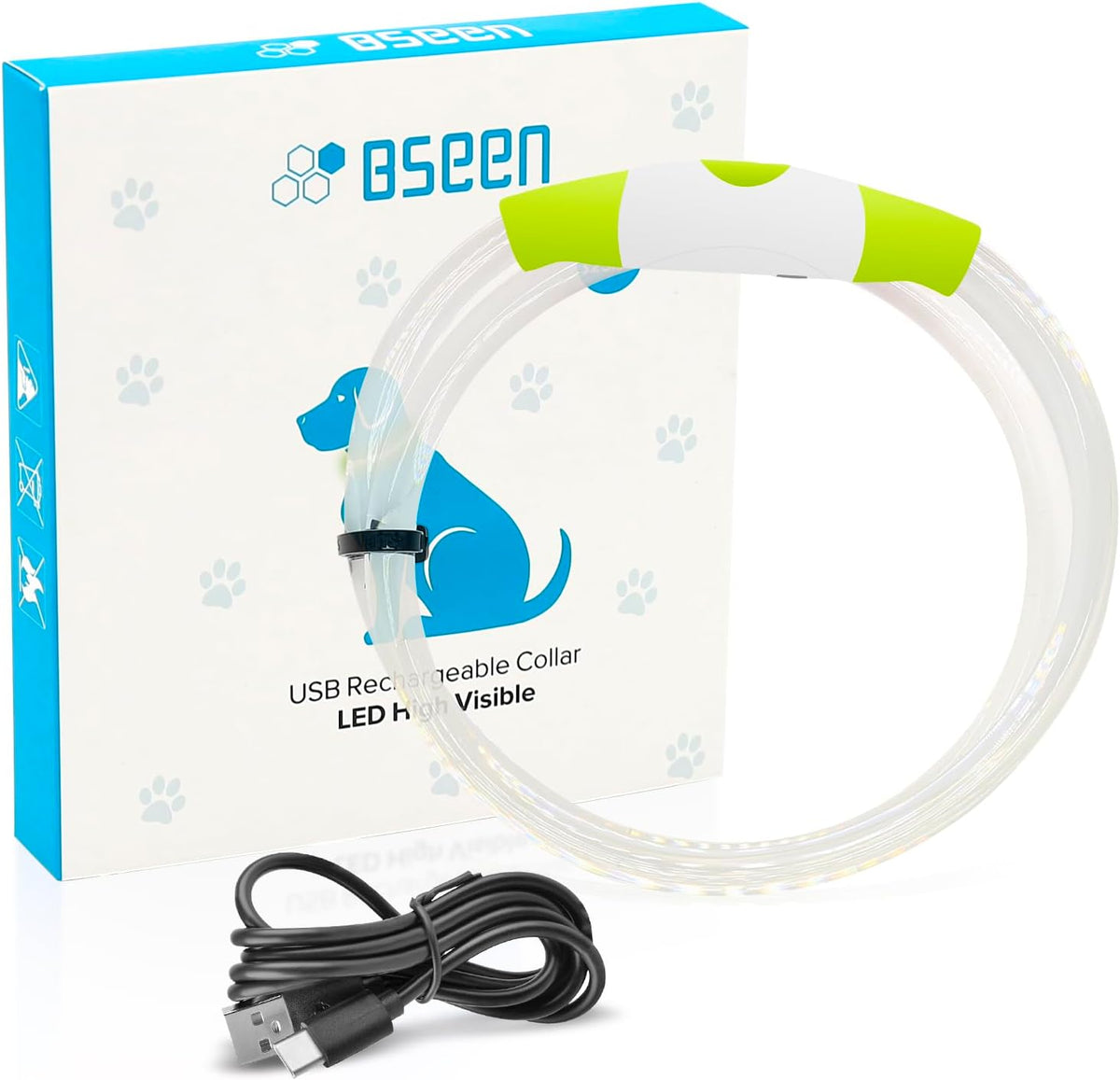 BSEEN Light Up Dog Collar - LED Dog Collar Rechargeable, Glowing Pet Collars for Small Medium Large Dogs, TPU Cuttable Lighted Puppy Collar, Safety Dog Lights for Night Walking (Green 70cm)