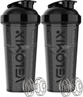 VELOMIX 2 Pack 28oz Protein Shaker Bottle for Protein Mixes, Black/Transpar