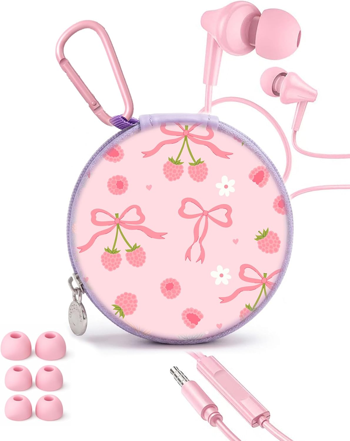Teens Wired Earbuds with Case, 3.5mm Headphones for School,Berry Bows