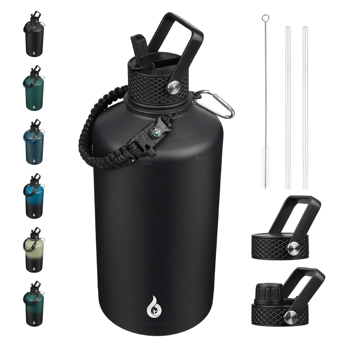 BJPKPK Half Gallon Insulated Water Bottles with Straw Lid & Side Handle, 64oz Large, Stainless Steel Water Bottles with 3 Lids and Paracord Strap, Metal Water Jug,Black