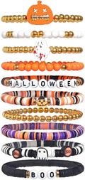 Halloween Bracelets Set for Women,10Pcs Stocking Stuffer Clay Preppy Heishi Boo Skull Charm Beads Stackable Bracelet Adjustable Friendship Holiday Stretch Jewelry Gift