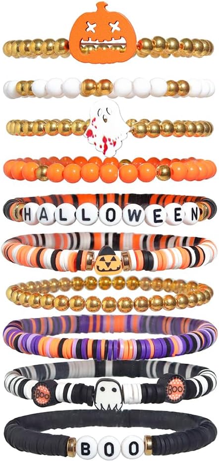 Halloween Bracelets Set for Women,10Pcs Stocking Stuffer Clay Preppy Heishi Boo Skull Charm Beads Stackable Bracelet Adjustable Friendship Holiday Stretch Jewelry Gift