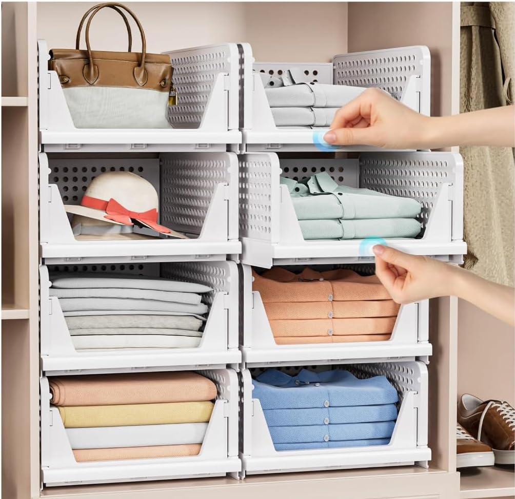4 Pack Stackable Closet Storage Basket - Stackable Storage Bins | Multifunctional & Foldable Closet Organizer Waterproof, Wardrobe Cupboard Space-Saving Storage Drawer Organizer