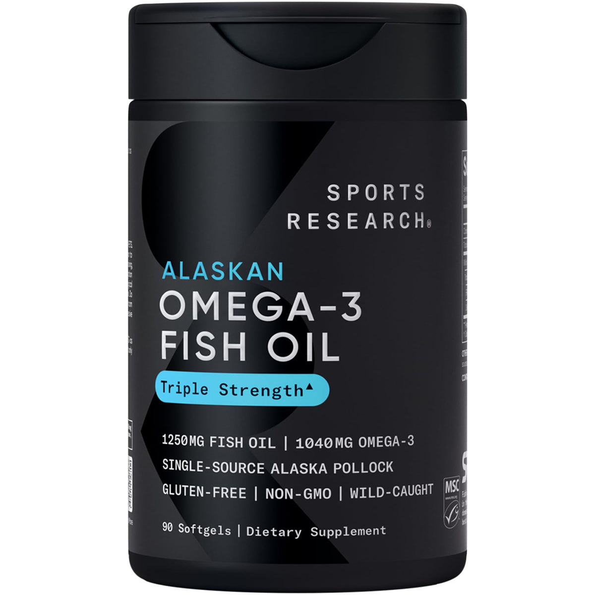 Sports Research® Omega-3 Fish Oil 1250 - Triple Strength Fish Oil Supplement from Wild Alaska Pollock - MSC Certified Sustainable · Non-GMO · Soy Free - 180 Softgel Capsules