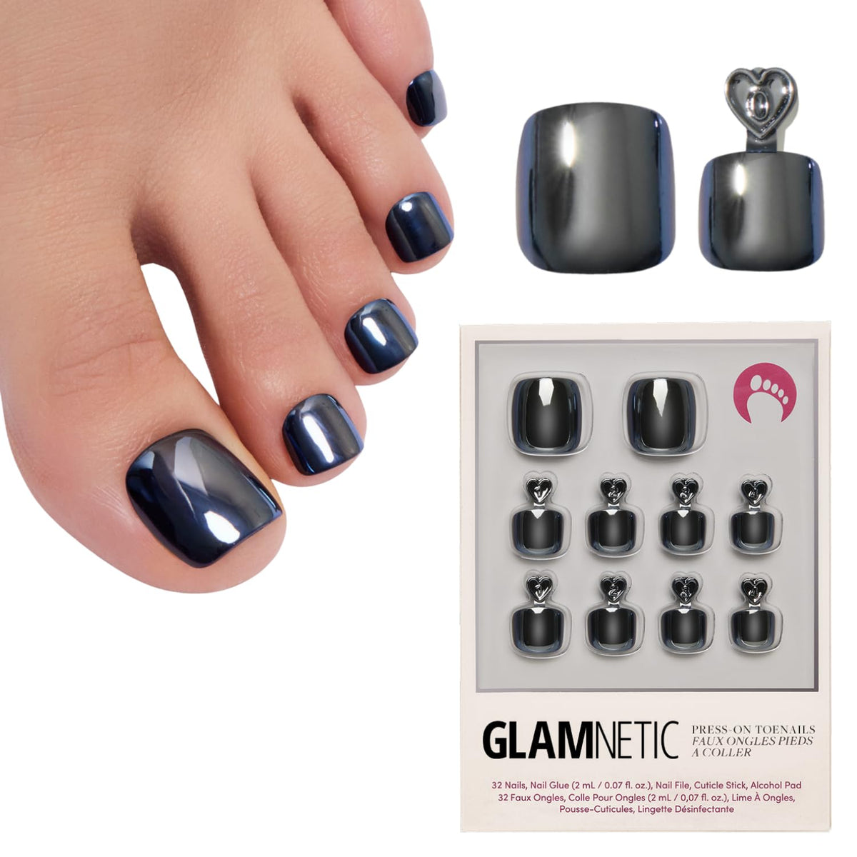 Glamnetic Press On Toenails - Natural Fake Nails | Cherry Red Chrome Press On Toenails, Salon Quality Press On Nails Kit with Glue | Cherry Glaze - 32 Nail Set in 16 Sizes