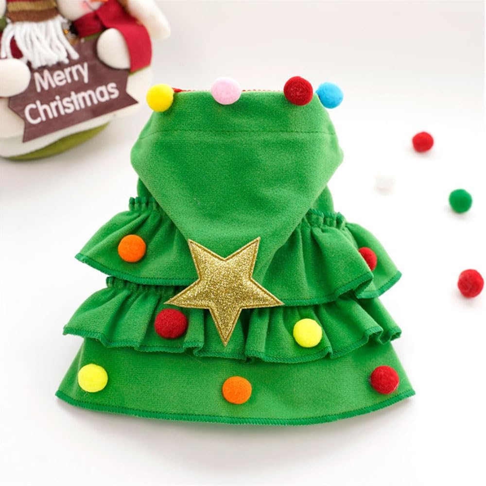 Pet Christmas Tree Hooded Cloak Costume for Cats Small Dogs with a Collar (Christmas Tree with a Collar-Green, S(3-5 lb))