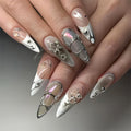 Stilettos Press on Nails White French Tip False Nails Glossy Extra Long Natural Glue on Nail Reusable Artificial Acrylic Stick on Nail for Women