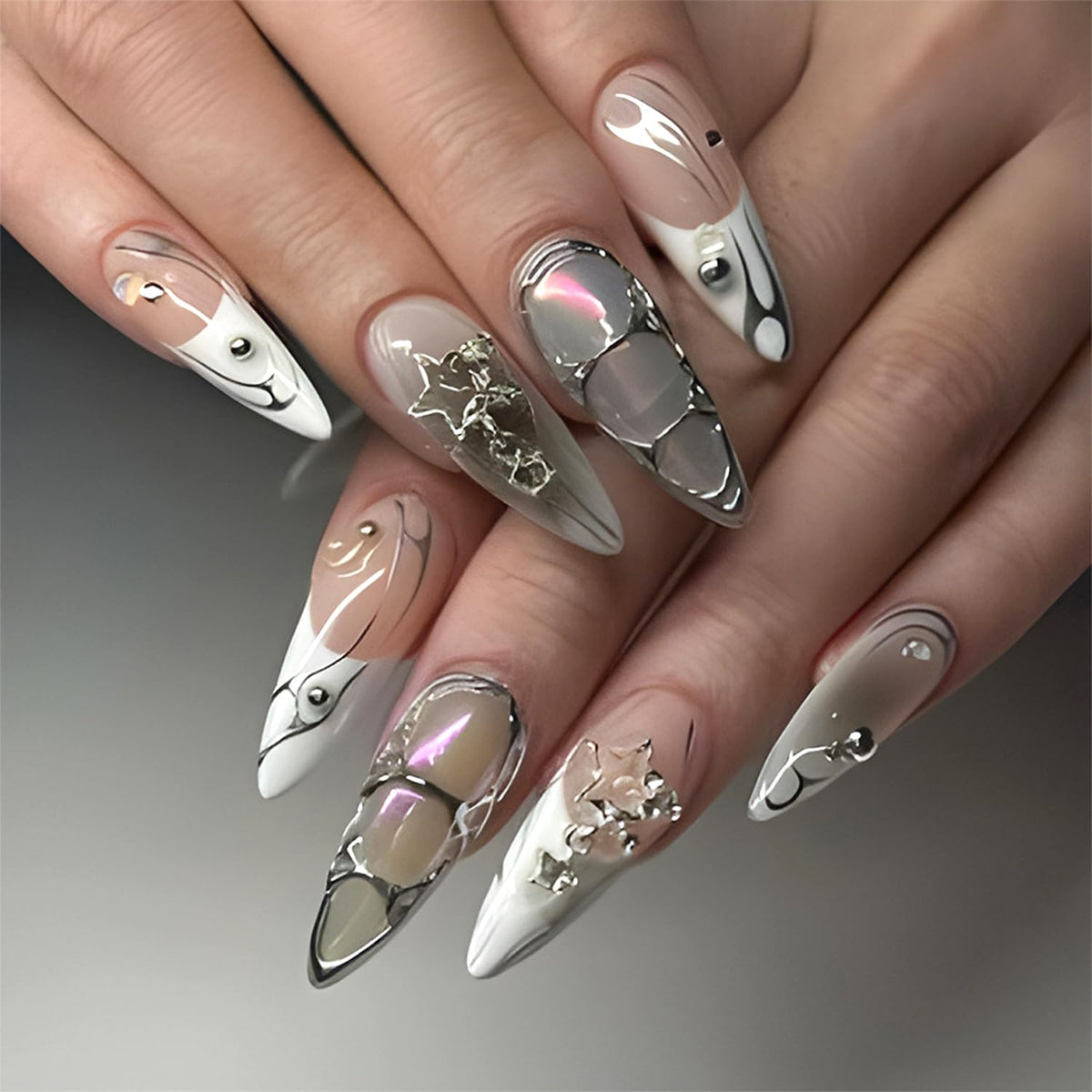 Stilettos Press on Nails White French Tip False Nails Glossy Extra Long Natural Glue on Nail Reusable Artificial Acrylic Stick on Nail for Women