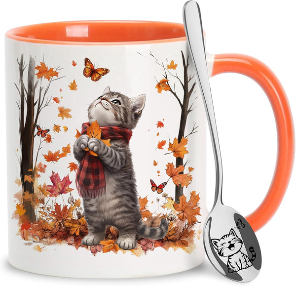 Hyturtle Fall Cat Maple Leaves Coffee Mug with Spoon Gifts on Birthday