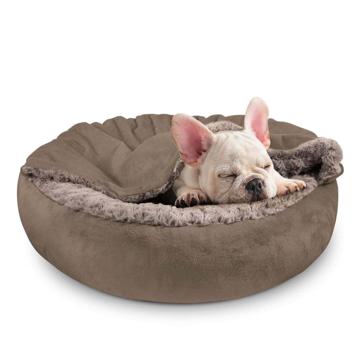 JOEJOY Small Dog Bed Cat Bed with Hooded Blanket, Cozy Cuddler Luxury Puppy Pet Bed, Donut Round Calming Anti-Anxiety Dog Burrow Cave Bed - Anti-Slip Bottom and Machine Washable 23 inch