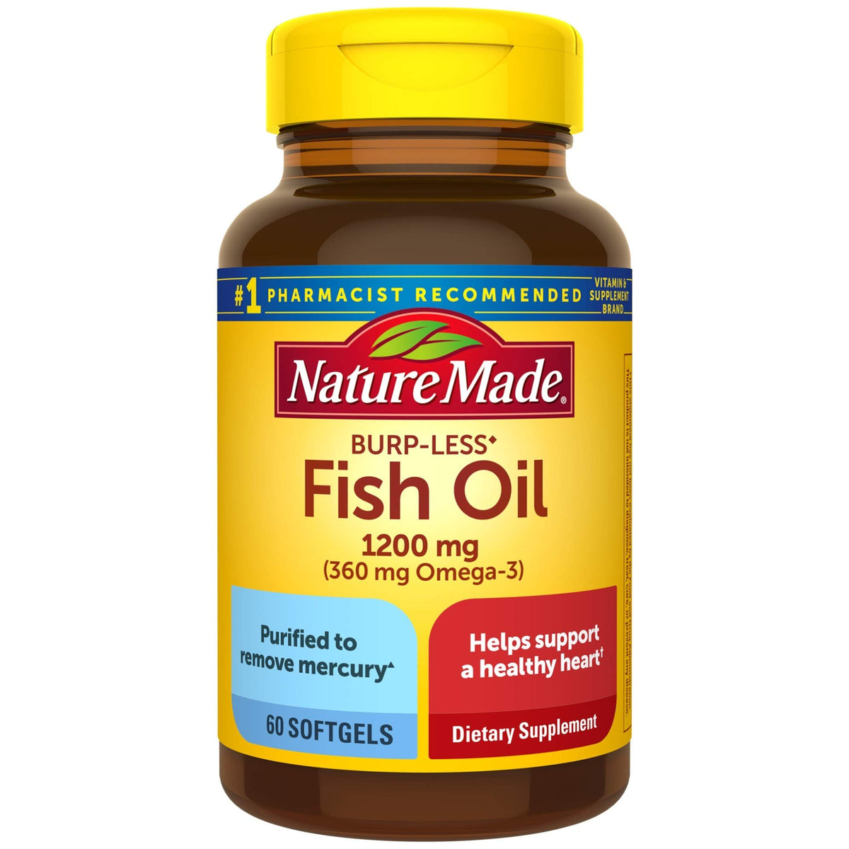Nature Made Burp Less Ultra Omega 3 Fish Oil Supplements, 1400mg Fish Oil Omega 3 Supplements as Ethyl Esters for Healthy Heart Brain Eyes Support, One Per Day, 90 Softgels