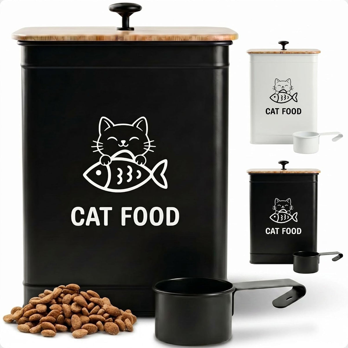 Cat Food Container with Scoop 5-7 lb (25 Cup), with Airtight Bamboo Lid | Cat Kibble Canister with Metal Scoop, 25 Cups, Chew Proof Iron Body, Powder Coated, Airtight Bamboo Lid, Sturdy Metal Handle