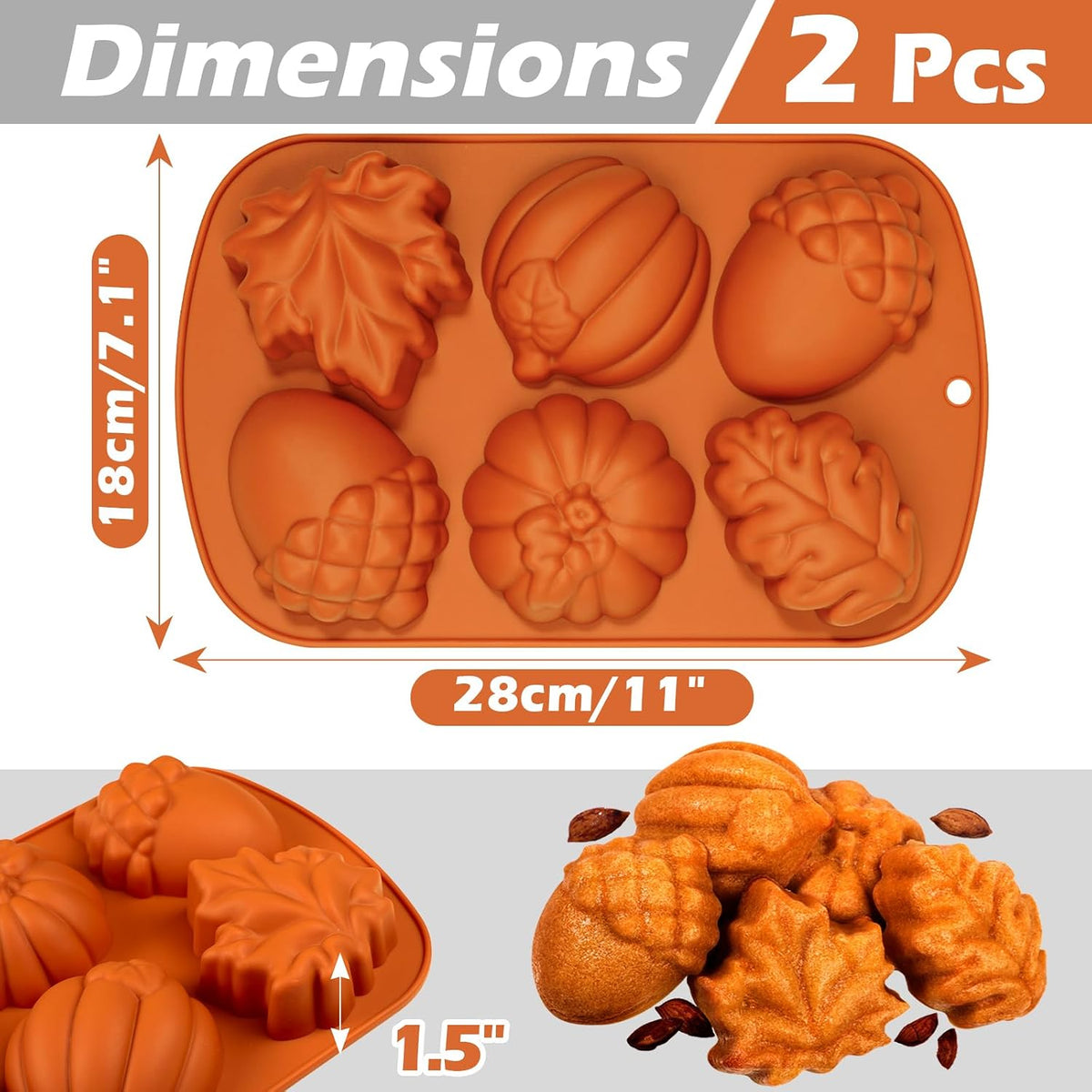 Webake Fall Silicone Molds Harvest Cake Pan, 3D Maple Leaf Acorn Pumpkin Mold for Autumn Treats, Plaster, Halloween, Thanksgiving, 2Pcs