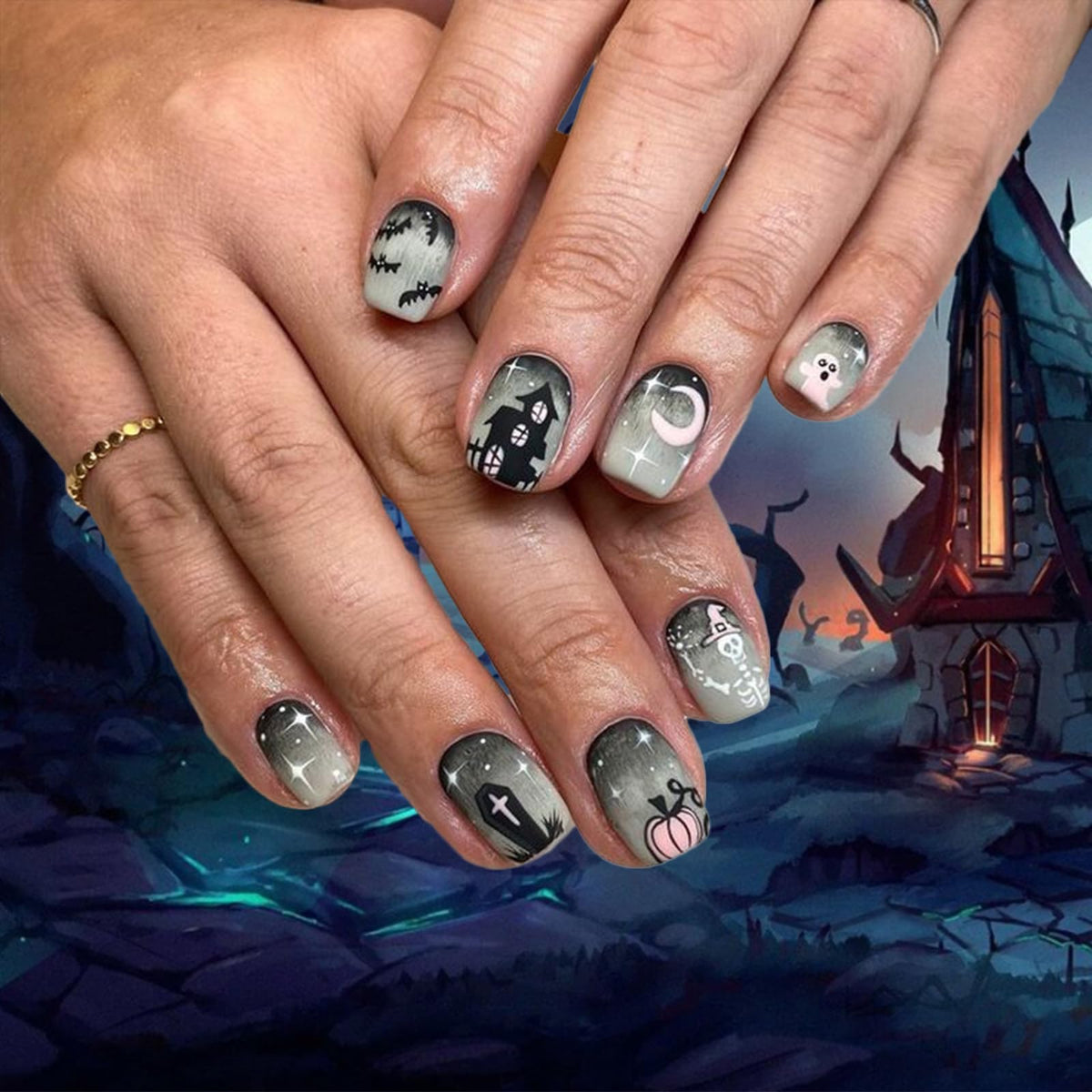 48Pcs Halloween Press on Nails Ghost Stick on Fingernails Monster Short Square False Nails Glossy Black Spider Web Acrylic Fake Nail Skull Gel Glue on Nail for Coquette Women Girls