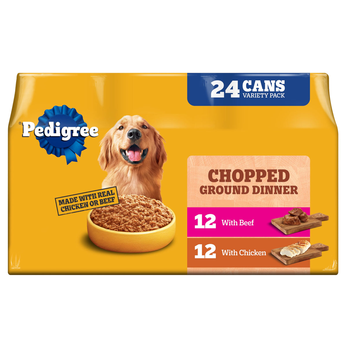 Pedigree Chopped Ground Dinner Wet Dog Food Filet Mignon & Beef Variety Pack, Canned Dog Food, 13.2 oz. Cans, 12 Count