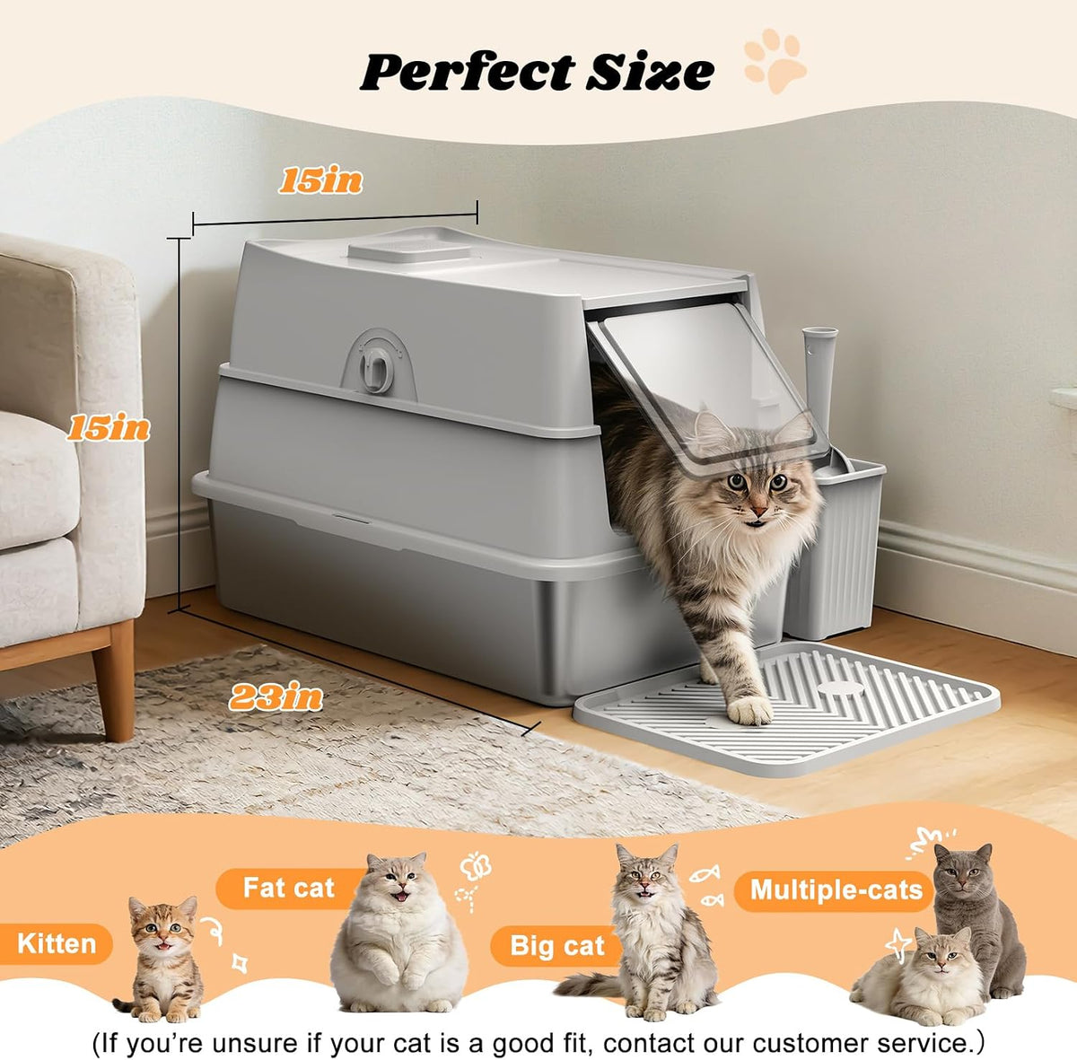 Stainless Steel Litter Box with Lid | Extra Large Enclosed Cat Litter Box for Big Cats | High Sided Metal Litter Boxes | 100% Anti-Urine Leakage | Odor Control | Non-Stick with Litter Scoop Set & Mat