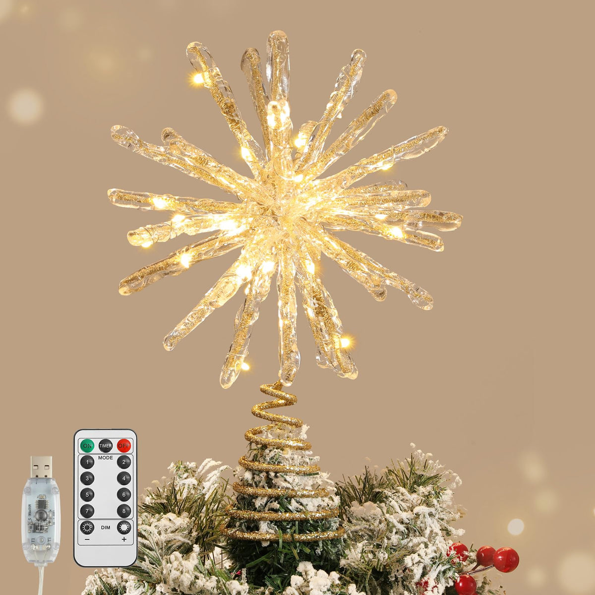 Lewondr Crystal Firework Christmas Tree Topper with Lights, Gold