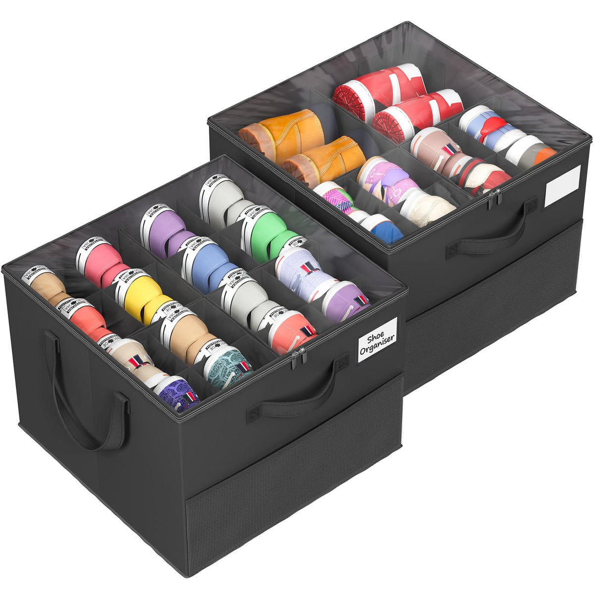 Plus Size 2 Pack Shoe Organizer for Closet, Foldable Shoe Storage Box | 16–24 Pair Shoe Storage for Sneakers, Boots & Heels with Adjustable Dividers, Clear Cover & Space Saving Closet Storage