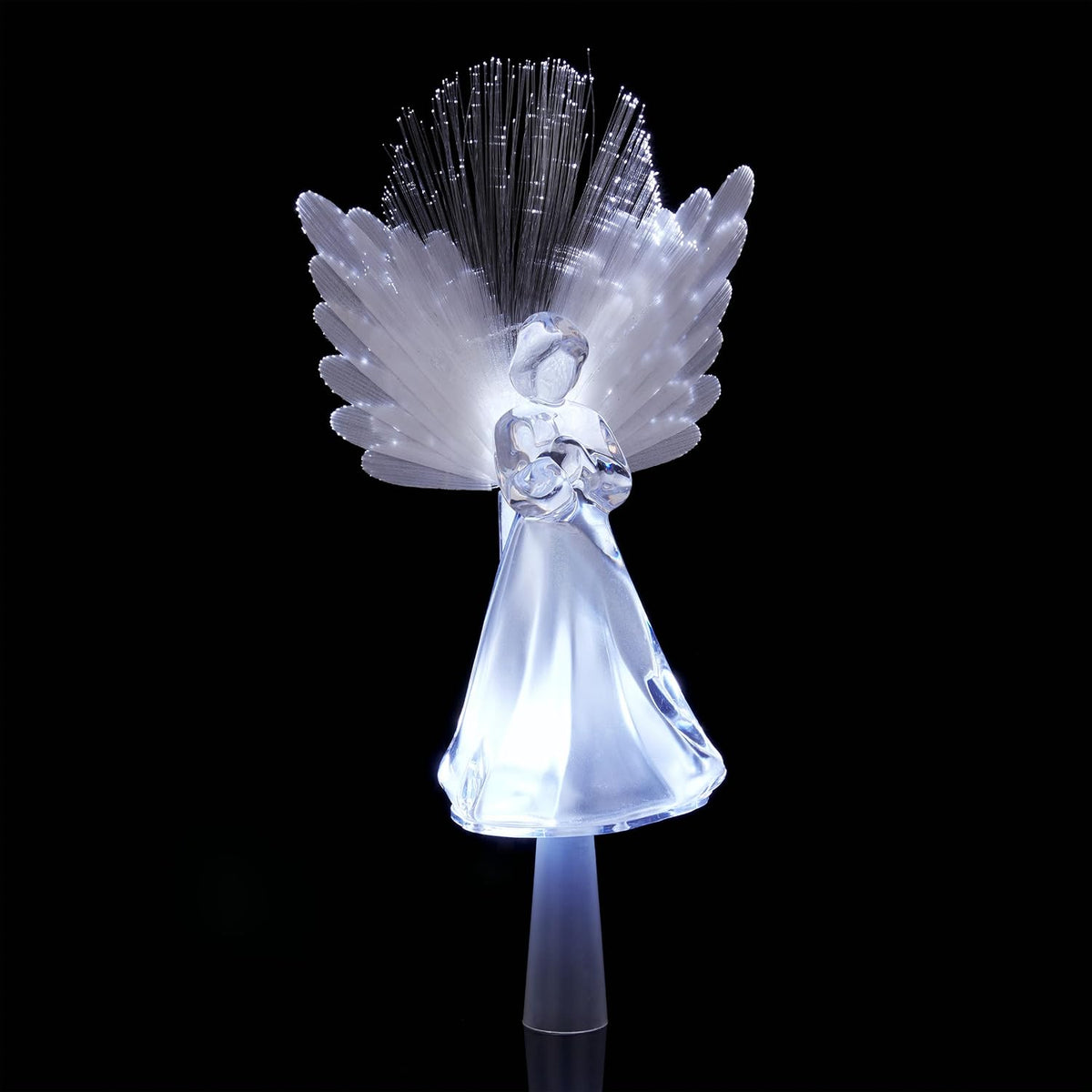 Alpine Corporation 11" Tall Angel Tree Topper with Fiber Optic Wings and LED Light, with Timer Function, Durable Plastic, and Radiant Glow for Holiday Christmas Decoration