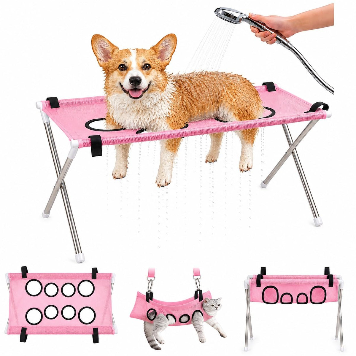 Dog Grooming Hammock Stand, Foldable Dog Bath Holder Sling Shower Chair | Heavy-Duty Pet Bath Stool for Small & Medium Dogs, Home Salon Grooming, Washable Mesh, Joint Support & Restraint(Blue,Base)