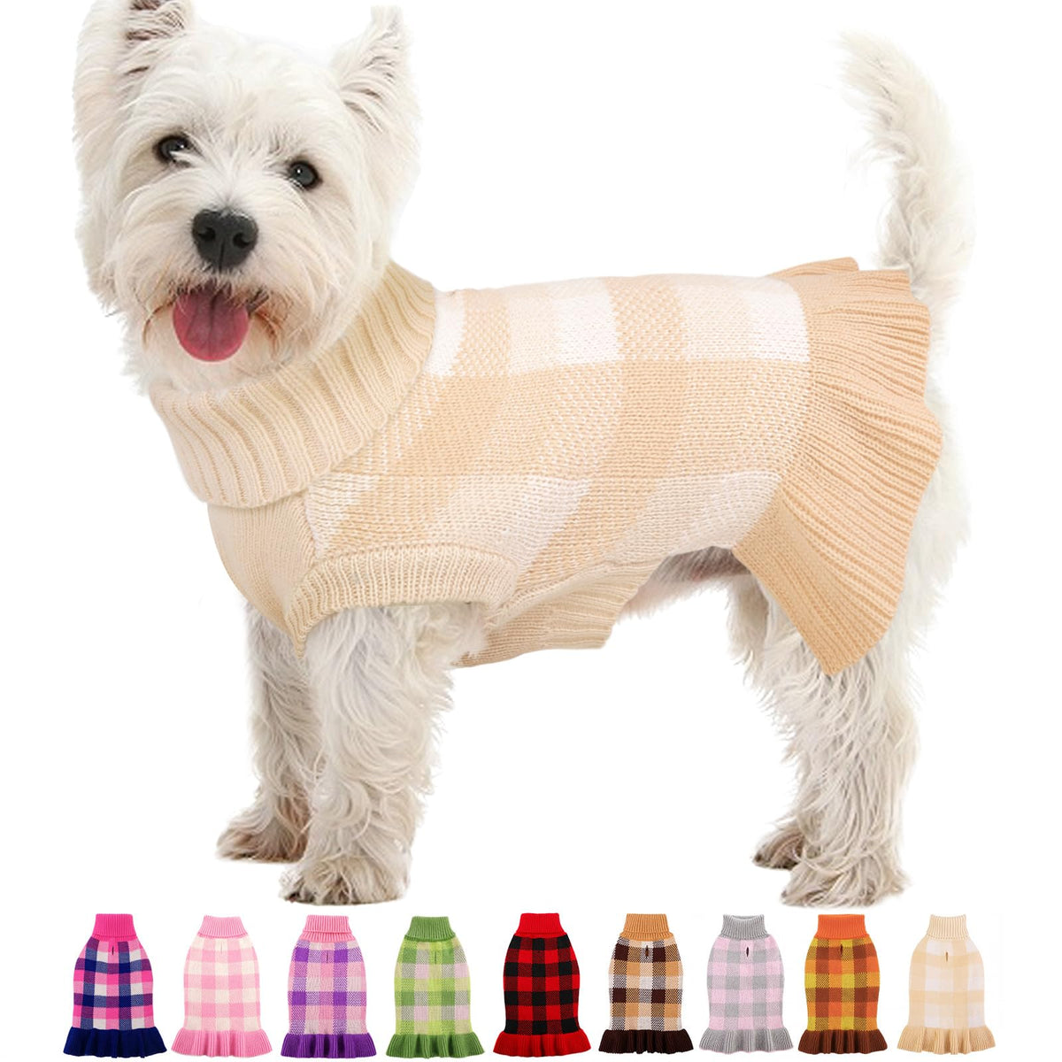 Dog Sweater Dress Plaid Knitwear for Small Dogs Girl Christmas Clothes