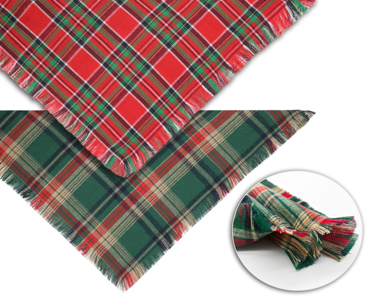 Christmas Dog Bandanas 2PCS-Large,Red-Green Plaid Scarf w/Tassels for Dogs
