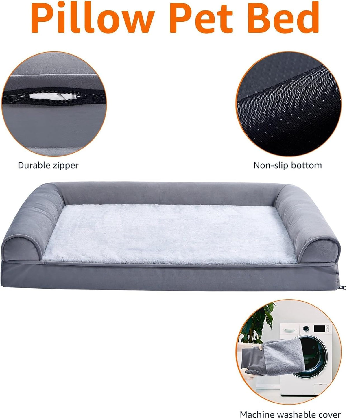 Amazon Basics Living Room Couch Dog Bed with Premium Foam, Non-Slip Bottom, Removable Washable Cover, Pressure-Relief Support for Dogs up to 55lbs, Large (36" x 27"), Grey