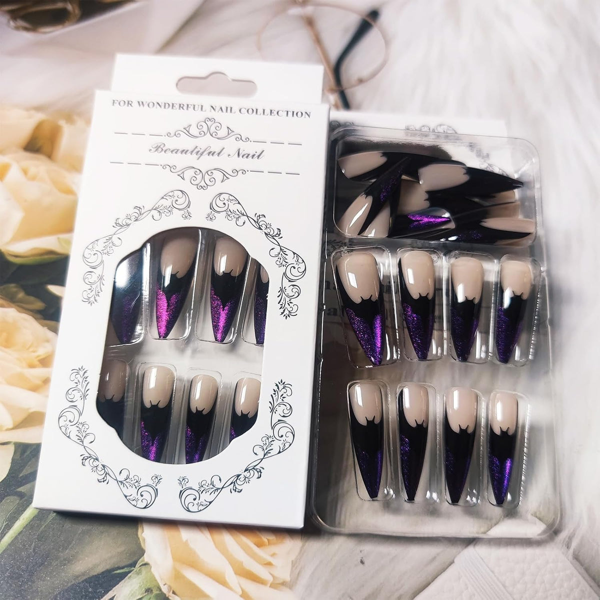 Halloween Long Stiletto Press on Nails Glossy Purple Glitter Acrylic False Nails 24Pcs Sparkly Fake Nail Black Bats Gel Glue on Nail French Tips Stick on Fingernails for Coquette Women Girls