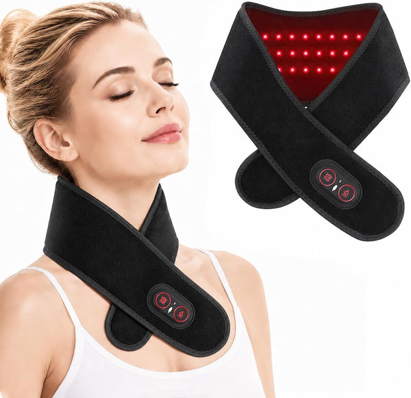 Neck Heating Pad for Pain Relief, Cordless Vibrating Neck Massager with 660nm 850nm Red Light, 3000mAh Battery 3 Heat Levels, Heated Neck Brace Wrap up to 33 Inches for Soreness Stiffness