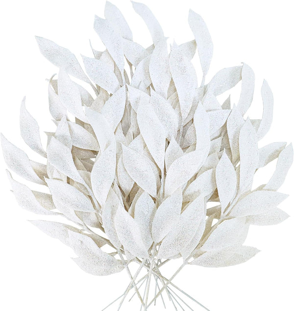 Winlyn 20 Pcs Christmas Artificial Leaf Sprays White Glittered Bay Leaf Picks 12" Tall Christmas Tree Picks Decorations for White Christmas Tree Seasonal Wreath Winter Arrangement Wedding Centerpiece