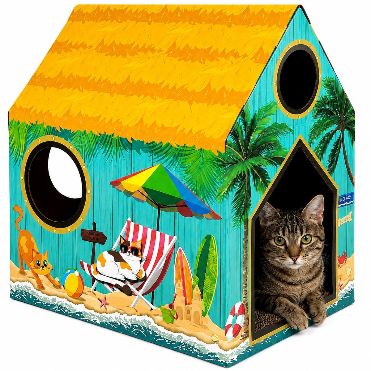 Cinrobiye Cardboard Cat House with Scratcher, Gothic Halloween Cat Scratcher Box with 2 Corrugated Scratch Pads, Open Top Indoor Cat Hideaway Bed for Cats and Kittens