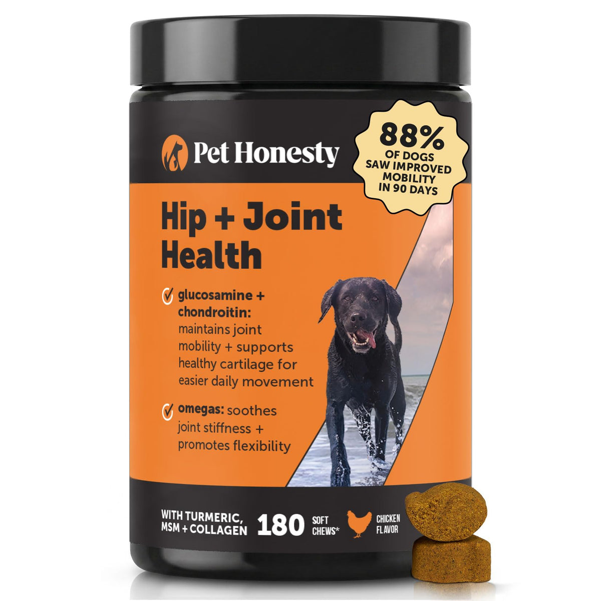 Hip + Joint Supplement for Dogs with Glucosamine Chondroitin - MSM, Turmeric & Collagen Soft Chews - Joint Function, Stiffness, and Mobility Support, May Reduce Occasional Discomfort (Chicken, 90 Ct)