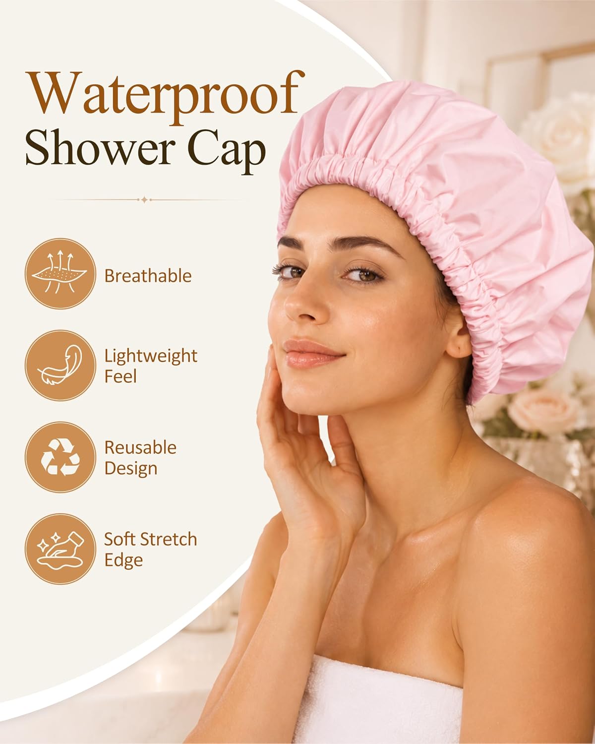 Edoneery Reusable Shower Caps for Women, Waterproof Long Hair Bonnet | Washable Design, Wide Elastic Band, Large Fit, Holds Long Hair, Braids Friendly, Bath Accessories, Spa, Travel