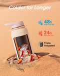 Coolflask Water Bottle with Straw, 40 oz Insulated Metal Water Flask with Straw & Spout Lids, Stainless Steel Double Wall Vacuum, Keep Cold 48h Hot 24h, Leak Proof, BPA-Free, Apricot Pink