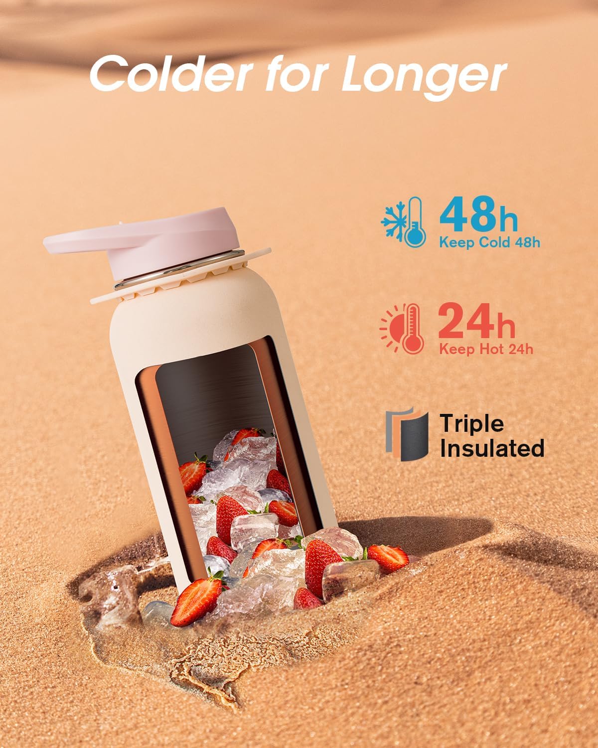 Coolflask Water Bottle with Straw, 40 oz Insulated Metal Water Flask with Straw & Spout Lids, Stainless Steel Double Wall Vacuum, Keep Cold 48h Hot 24h, Leak Proof, BPA-Free, Apricot Pink
