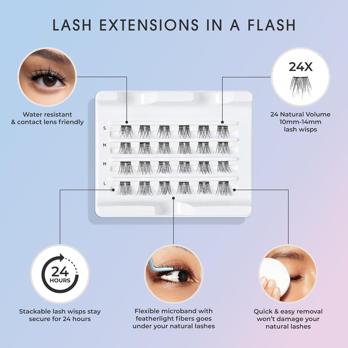 KISS Falscara DIY Eyelash Extension Lengthening Wisps - Featherlight Synthetic Reusable Artificial Eyelashes Multipack of 24 Mini Lash Clusters for that Authentic Eyelash Extension Look