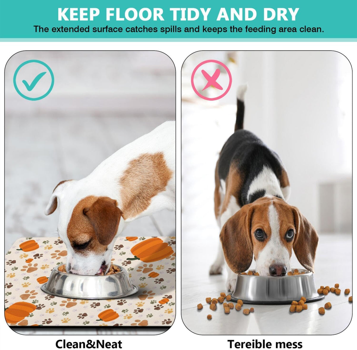 Fall Pumpkin Dog Food & Water Mat, Paw Prints Autumn Pet Feeding Mat for Floor Non-Slip Waterproof, Super Absorbent Cat Bowl Mat, Easy to Clean Eco-Friendly Durable Pet Placemat,12" × 20"