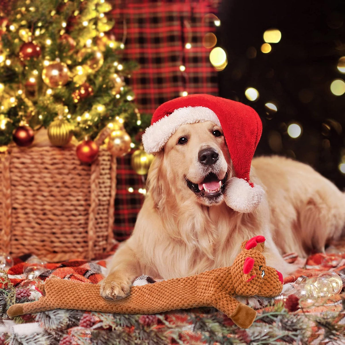 No Stuffing Dog Christmas Toys with Squeakers, Crinkle Xmas Plush Dog Toys for Large Medium Small Dogs, Durable Interactive Dog Toys for Puppies, Reindeer